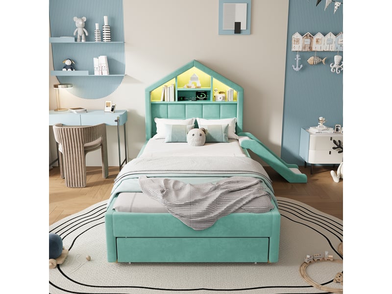  Lit enfant rembourré 90x200 cm, tête de lit maison avec rangement, toboggan réversible, led, port de charge, tiroir, velours français, bleu-vert OMNIGLINT TRADING LTD - Conforama D