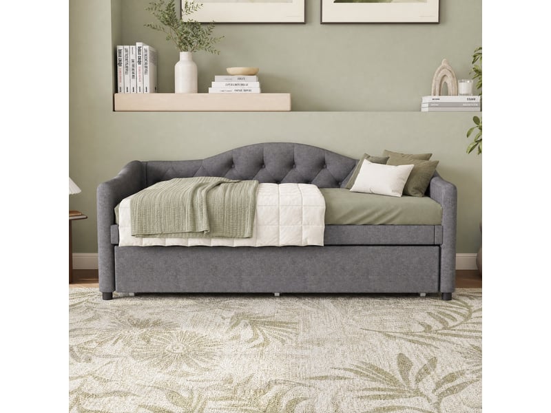  Lit gigogne, 90x200 cm, lit tiroir pensé pour libérer de l’espace, style minimaliste moderne, lin et mdf, coloris gris  - Conforama B