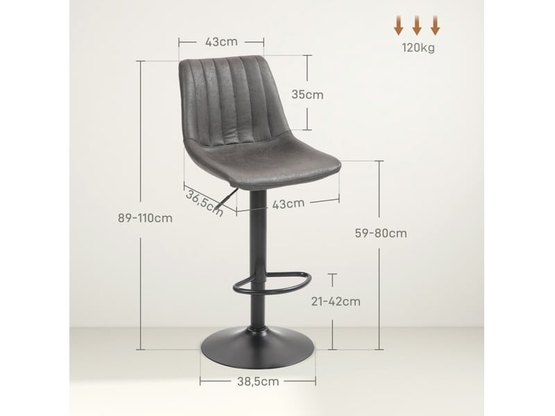 Tabouret de bar lot de 2 réglable en hauteur avec repose-pieds et dossier haut en métal et microfibre gris foncé - Conforama C