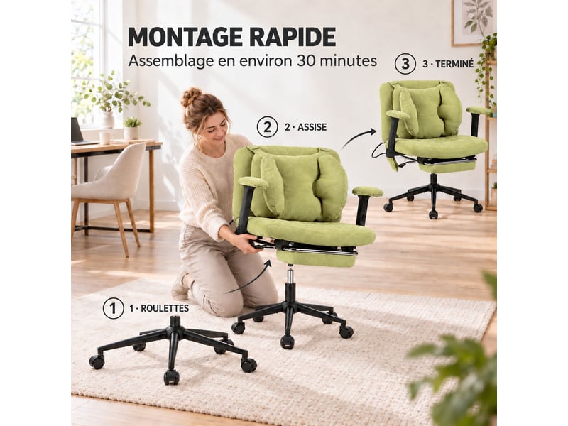  Fauteuil de bureau ergonomique en tissu respirant, coussin lombaire gonflable réglable, assise large pour s’asseoir, vert  - Conforama C