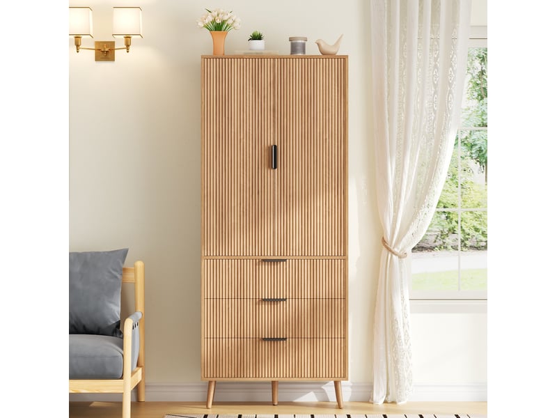  Armoire de cuisine 75x35x180 cm en mdf naturel avec 2 portes et 3 tiroirs  - Conforama E