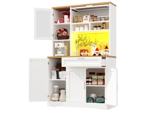 Meuble de rangement haut 104x40x180 cm, armoire de rangement, tiroir, portes, luminaire led, pour cuisine, salon, mdf+métal, blanc