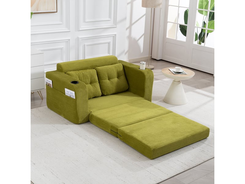  Canapé deux places en velours côtelé vert olive, canapé modulable avec assise 100 cm, coussins moelleux et porte-gobelets  - Conforama B
