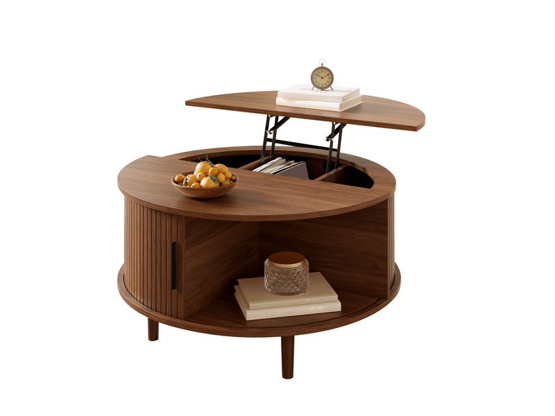  Table basse ronde 80x80x59cm, rangement et porte coulissante, en mdf, plateau réglable en hauteur, pour salon, noyer  - Conforama A