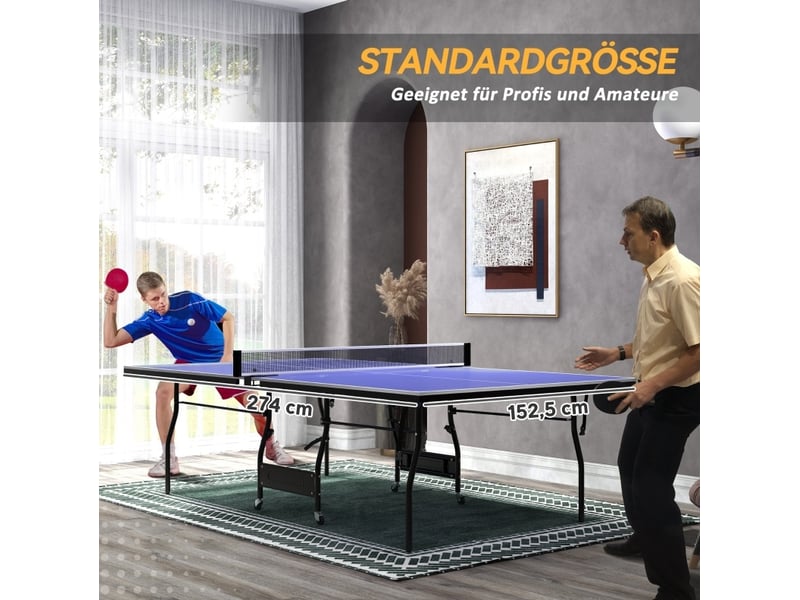  Table de tennis de table pliable bleu 274 x 152,5 x 76 cm, mdf, filet, 2 raquettes, 3 balles et roulettes  - Conforama D