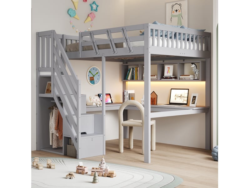 Lit mezzanine 140 × 200 cm avec escalier de rangement, bureau, étagères, led et prise usb pour chambre d’enfant - Conforama D