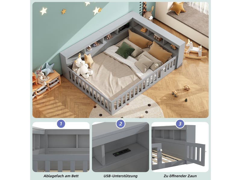  Lit enfant 140x200 cm, canapé-lit,  rangement, prise et usb, sommier, aggloméré, gris, sans matelas  - Conforama D