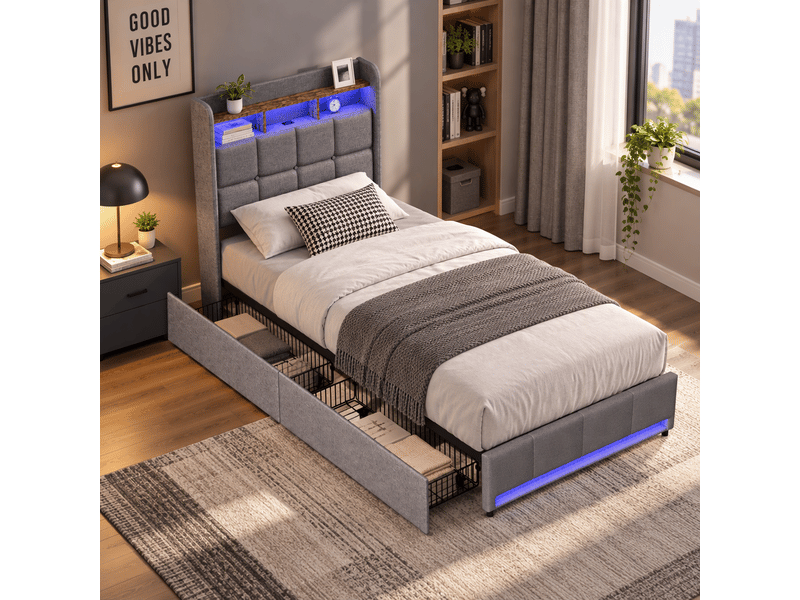  Lit simple 90x200cm avec led et usb, lit capitonné avec 2 tiroirs, tête de lit avec espace de rangement et sommier à lattes, 1 place, gris, tissu en lin  - Conforama B