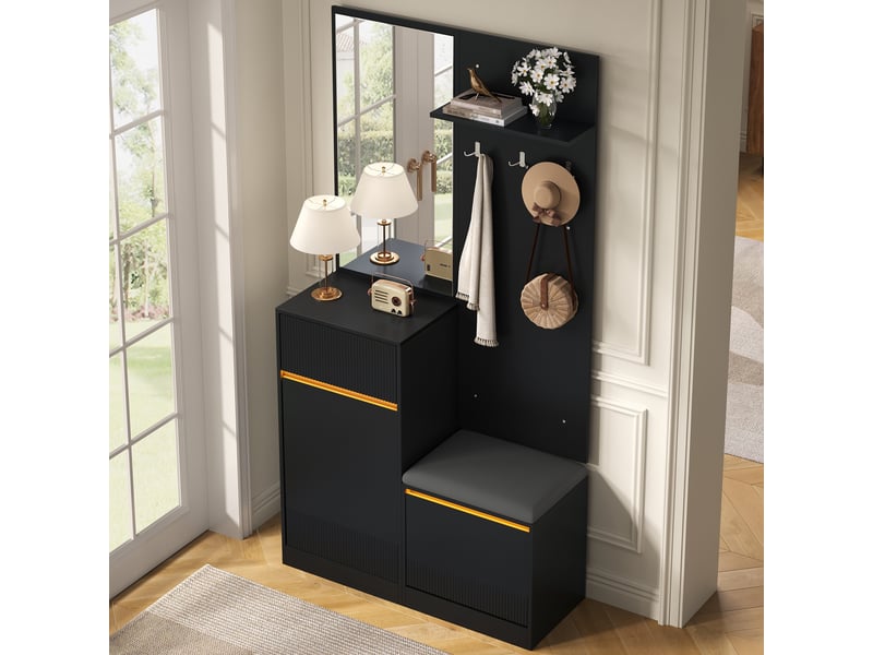 Vestiaire d'entrée - 105x38x190cm - ensemble meuble d'entrée avec éclairage led app, miroir, banc &amp; meuble chaussures - noir  - Conforama C