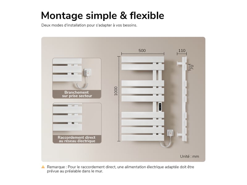  Sèche-serviettes électrique intelligent emke 1000 x 500 mm 320w, radiateur salle de bain connecté wifi, blanc  - Conforama E