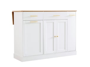 Îlot de cuisine blanc 120 cm avec plan rabattable, 3 tiroirs et rangement coulissant, pour cuisiner organisé