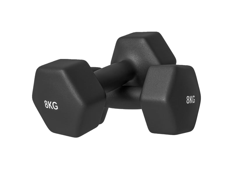  Lot de 2 haltères hexagonales, 2 x 8 kg, métal et plastique, avec poignée antidérapante, 24 x 11 x 11 cm, noires  - Conforama A