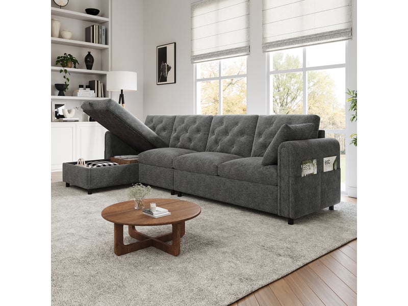 Canapé d'angle 4 places convertible avec rangement d'angle en polyester gris, 281×132×86 cm, méridienne réversible - Conforama R