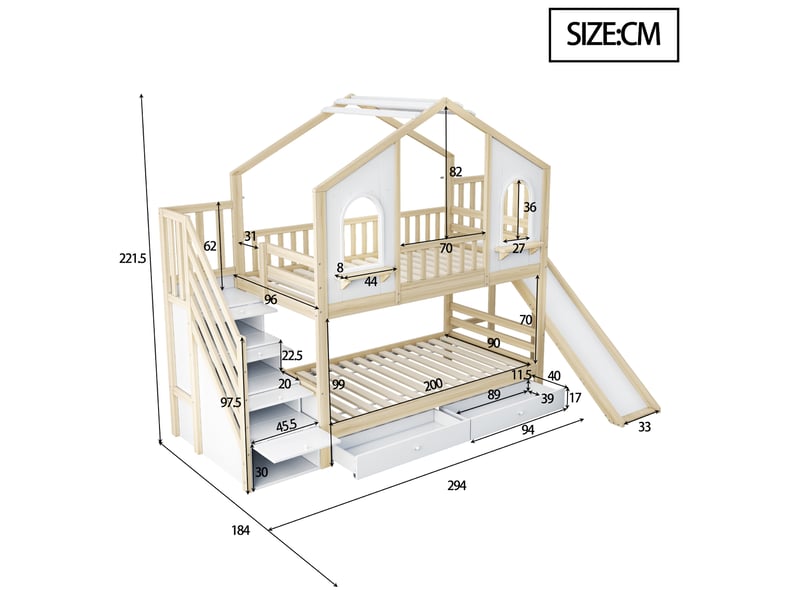  Lit superposé cabane enfant 90 x 200 cm effet bois naturel avec fenêtres arrondies, escalier rangement, toboggan, étagères et 2 tiroirs  - Conforama E