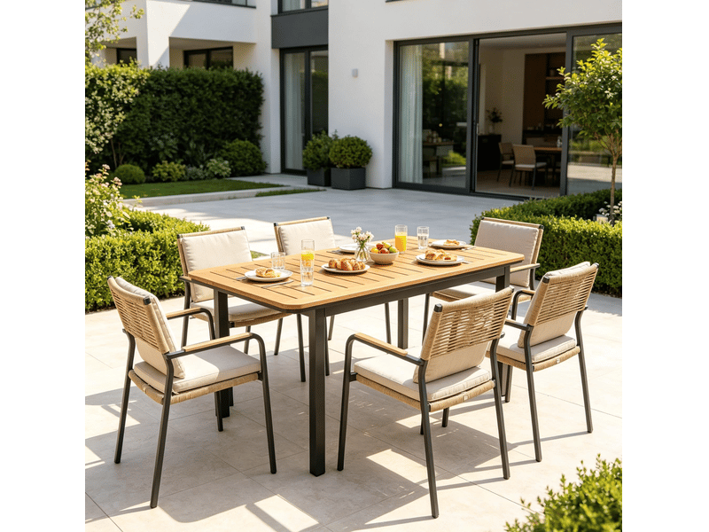 Table de jardin 127 x 70 x 75 cm marron, métal et plastique, plateau composite à lames pour 6 personnes - Conforama B