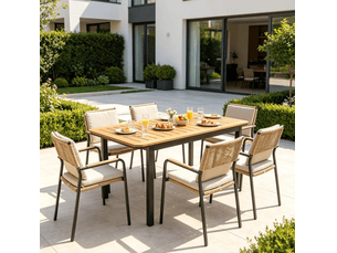 Table de jardin 127 x 70 x 75 cm marron, métal et plastique, plateau composite à lames pour 6 personnes