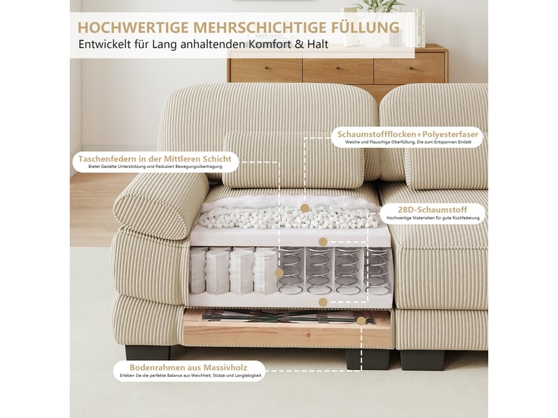 Canapé modulable 2 places en velours côtelé beige, avec 2 poufs, assise profonde, coussin lombaire, 194×161×94 cm - Conforama W
