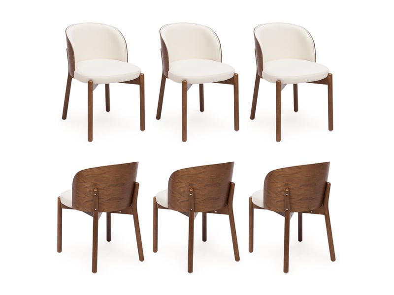 Lot de 6 chaises de salle à manger en bois massif effet noyer, assise en lin, dossier enveloppant plaqué frêne, rembourrées, charge 150 kg - Conforama A