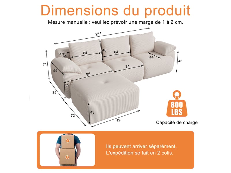  Canapé d'angle modulable - 264x161x71cm - canapé 3 places en velours côtelé, sans assemblage - beige  - Conforama E