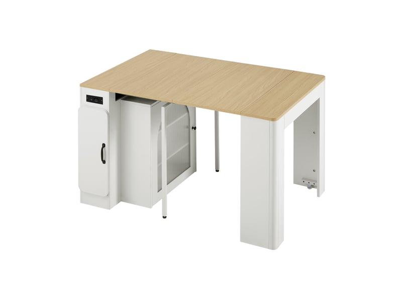 Îlot de cuisine mobile en bois 83x39.6-149.6x77cm avec table extensible à plateaux amovibles,led,usb et usb-c et rangements,mdf,blanc Sol Morn - Conforama A