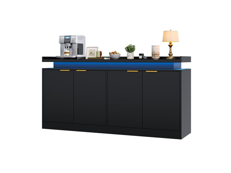 Buffet à 4 portes avec éclairage led rgb et rangements ouverts pour salle à manger, noir, 160 × 39 × 83 cm - Conforama D