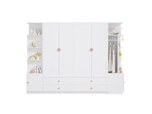 Armoire 6 portes blanche penderie 270x200 cm avec 4 tiroirs et 4 penderies