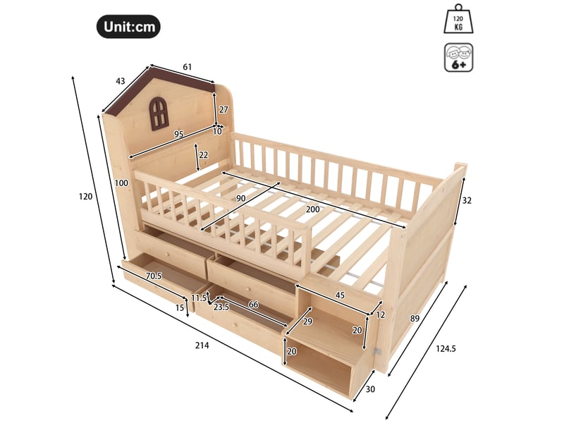  Lit mezzanine enfant 90×200 cm avec 4 tiroirs, led et échelle - okmyhome- étagères, sans matelas, pin naturel  - Conforama D