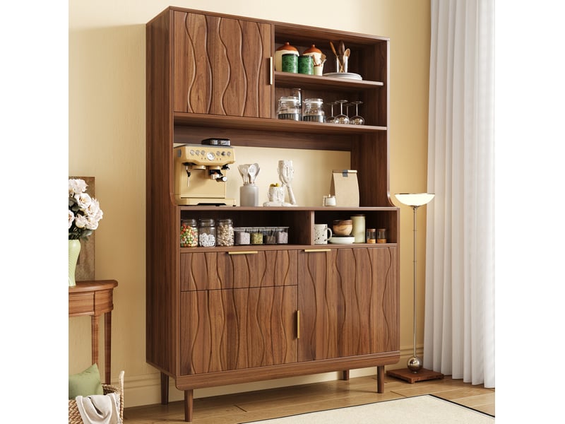  Buffet haut 100 x 32 x 170 cm – coloris noyer – rangement ouvert, fermé et tiroir – style moderne  - Conforama D