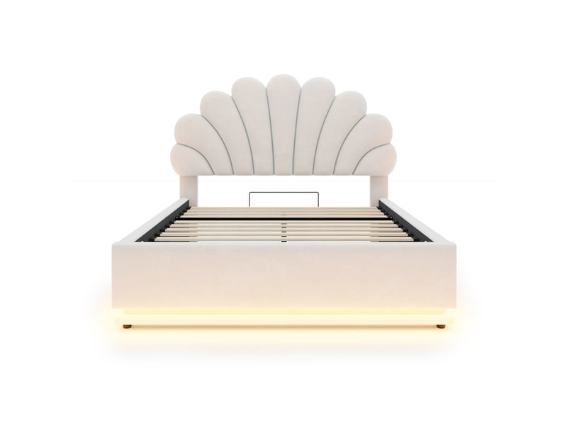  Lit coffre 140x200 cm - lit double rembourré avec rangement hydraulique, tête de lit fleur, led, cadre en métal, velours beige  - Conforama W