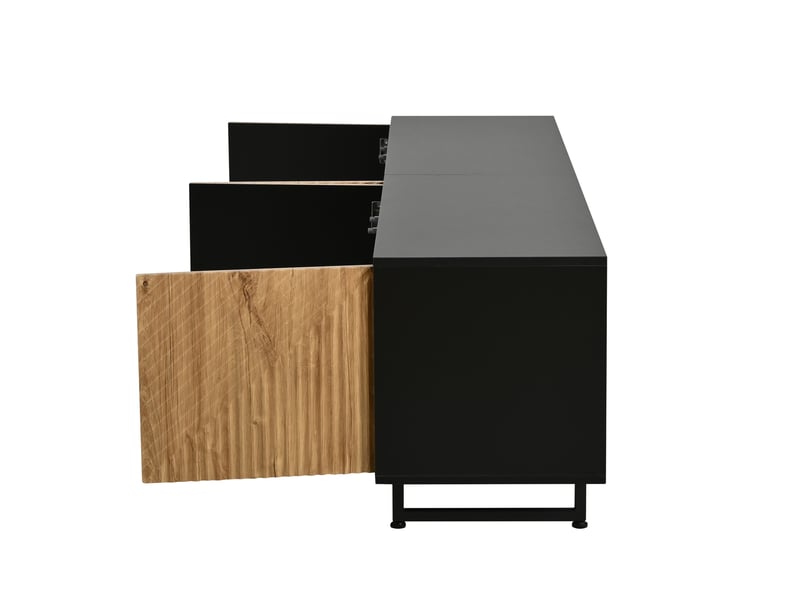  Meuble tv 180 cm avec 4 portes, finition bois naturel et noir, supporte 40 kg, pour écran 80 pouces  - Conforama D