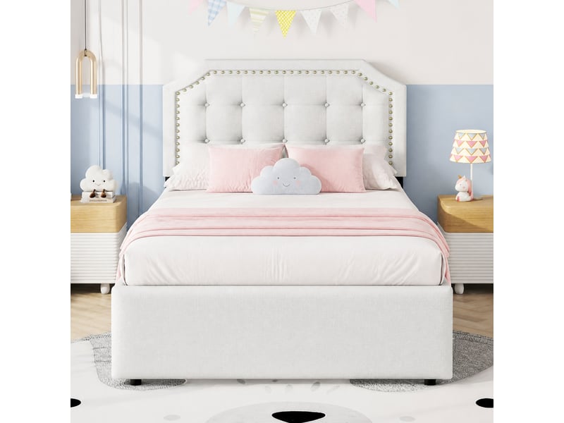Lit simple rembourré 90x200 cm avec 2 tiroirs, beige clair - Conforama D
