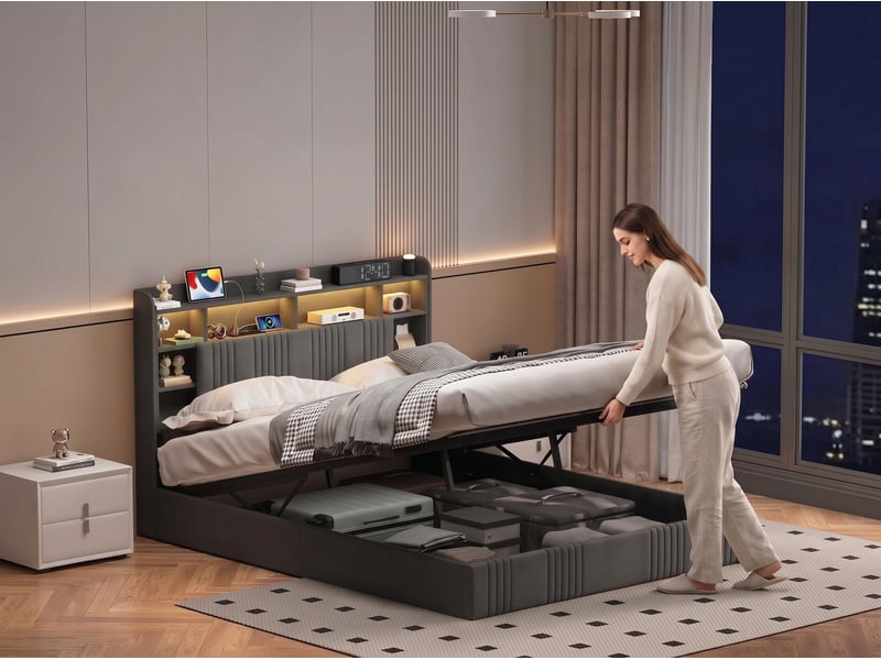 Lit 2 places 160x200 cm – lit coffre – tête de lit avec espace de rangement – ports usbtype-c – éclairage led rgb – sommier à lattes – lin gris - Conforama D