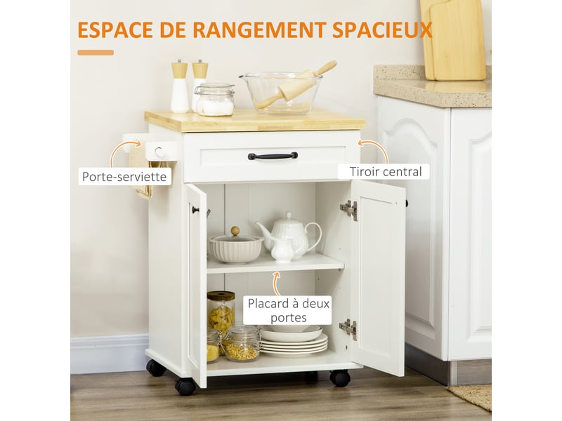  Desserte de cuisine à roulettes 1 tiroir 1 placard blanc et bois 68 x 40 x 83,5 cm  - Conforama D