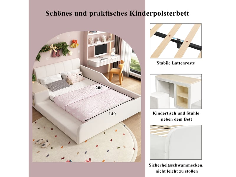  Lit enfant 140x200 cm, avec bureau et tabouret, rangements, tête de lit velours, lattes en bois, blanc, sans matelas  - Conforama D