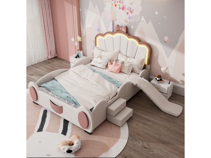  Lit enfant 140x200 cm forme papillon avec led et toboggan, pu, rose et blanc, sans matelas  - Conforama W