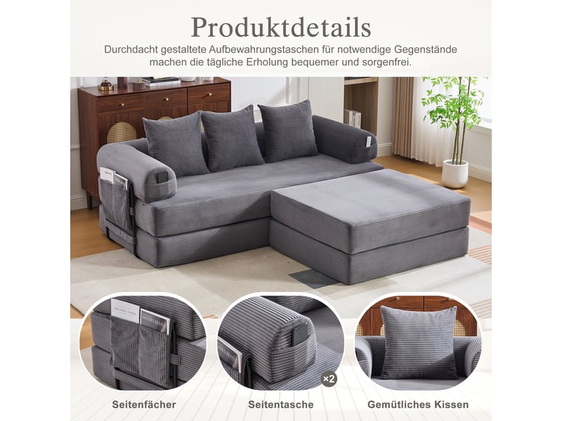  Canapé d'angle convertible modulable en velours côtelé gris foncé avec hocker et 3 coussins  - Conforama D
