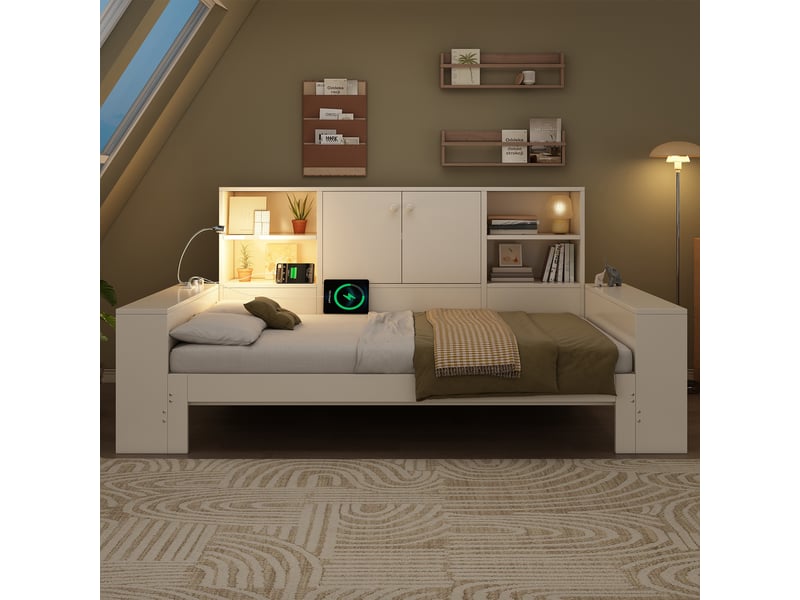  Lit gigogne 90x200 cm - lit extensible 2 places - usb et usb-c - tête de lit avec rangement - lit de jour - bois - blanc  - Conforama R