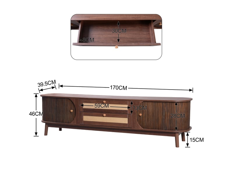 Meuble tv 170 cm avec portes coulissantes et 2 tiroirs en rotin, finition naturelle - Conforama E