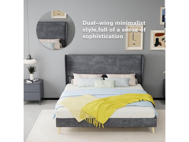 Lit double 160x200 cm avec tête de lit rembourrée, lit adulte avec sommier à lattes, gris, lit 2 personnes - Conforama D