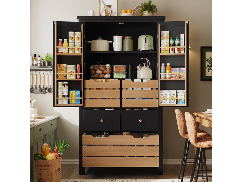  Buffet modenvie noir 80 x 40 x 140 cm avec 2 portes et 5 tiroirs en mdf et métal  - Conforama E