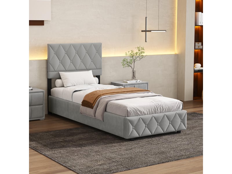  Lit simple 90 × 190 cm avec coffre de rangement, sans matelas, en simili cuir, gris  - Conforama C