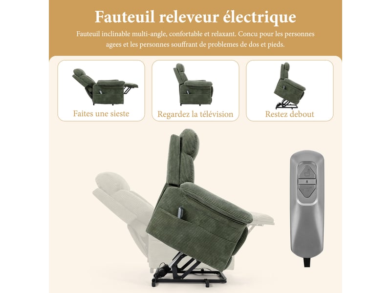  Fauteuil relax en velours côtelé avec releveur électrique, télécommande, poche latérale, réglable 90 à 160°, vert  - Conforama D