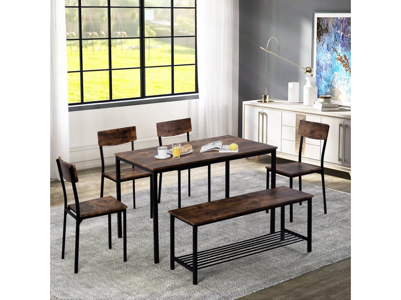 Ensemble salle à manger style industriel, table avec quatre chaises et un banc, plateau mdf brun et structure en acier noir - Conforama R
