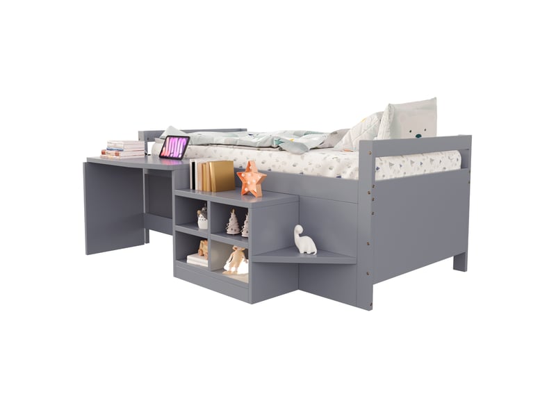  Lit enfant 90 x 200 cm avec bureau, rangements intégrés et prises usb, gris  - Conforama A