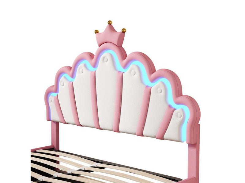  Lit enfant de princesse rembourré - 140x200 cm - led - tête de lit en forme de nuage - coffre hydraulique - similicuir pu - rose 203x144x131cm - Conforama D