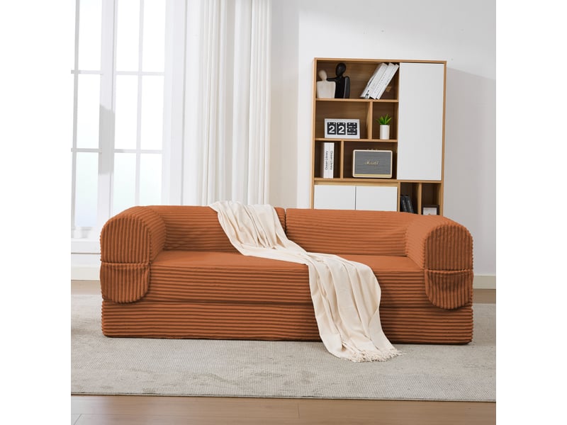 Canapé-lit, 190 × 78 × 65 cm, orange, velours côtelé, 2 places, structure sans cadre, gain de place pour petits espaces - Conforama C