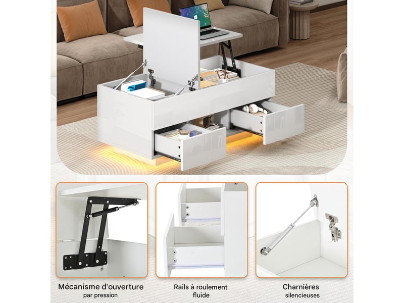  Table basse relevable en panneau de particules blanc brillant avec led 100x45x43 cm - pangivo  - Conforama E
