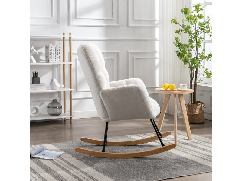 Fauteuil à bascule blanc en tissu teddy, rocking chair moderne capitonné pour salon et chambre, pieds bois - Conforama D