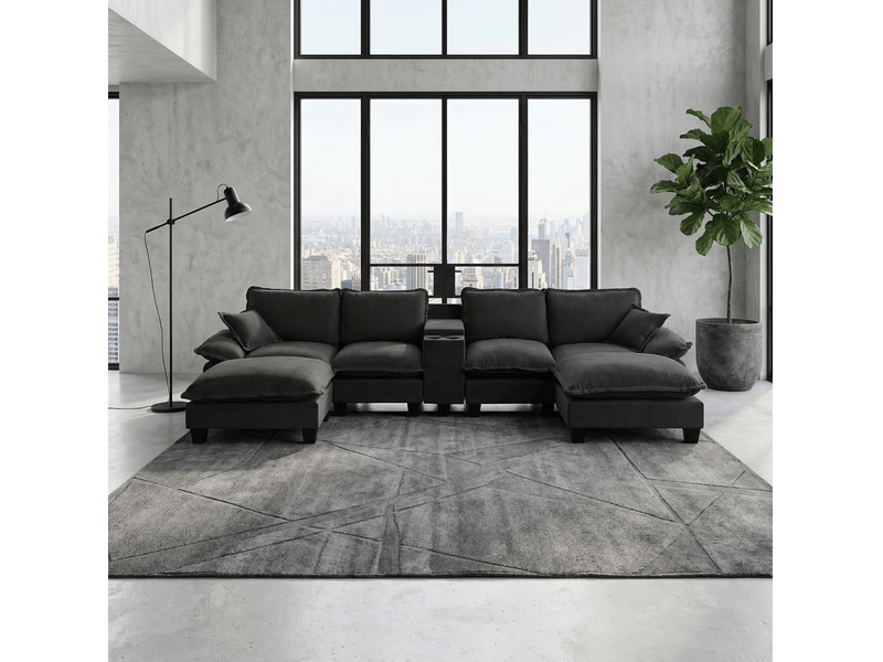  Canapé modulable en nuage en forme de u, inspiré d'un voilier, avec porte-gobelets et rangement, port usb, 2 ottomans &amp; 2 coussins, tissu chenille pour appartements &amp; salon, noir  - Conforama D