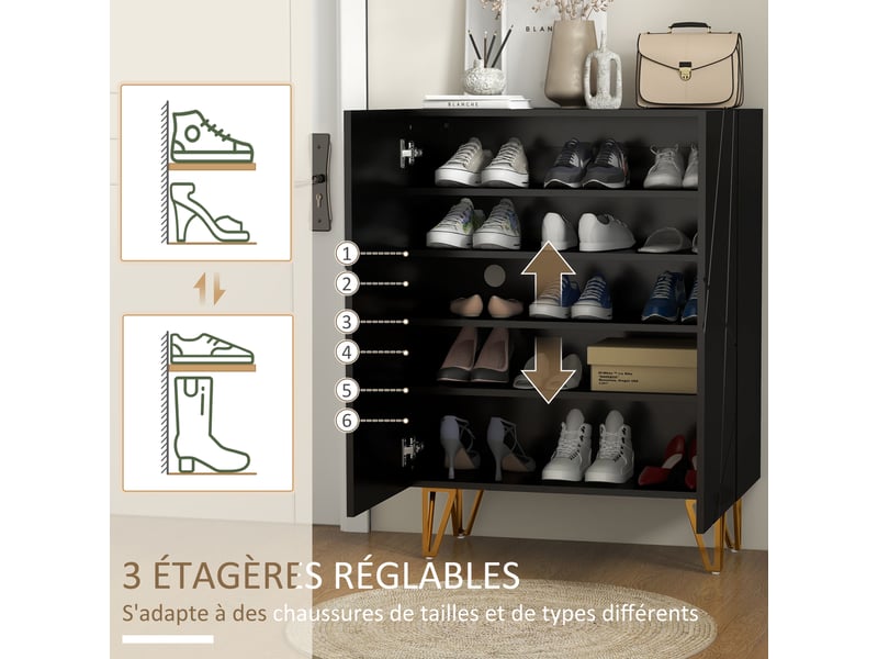  Meuble à chaussures meuble de rangement à chaussures 2 portes étagères réglables 72 x 31,5 x 95 cm noir laqué  - Conforama E